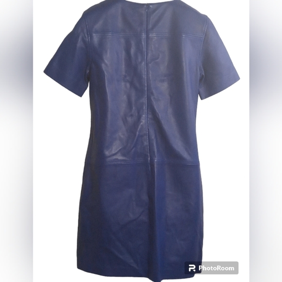 Trina Turk Navy Blue Genuine Leather Shift Dress Short Sleeve Back Zip Mini SZ 6 - Picture 3 of 9